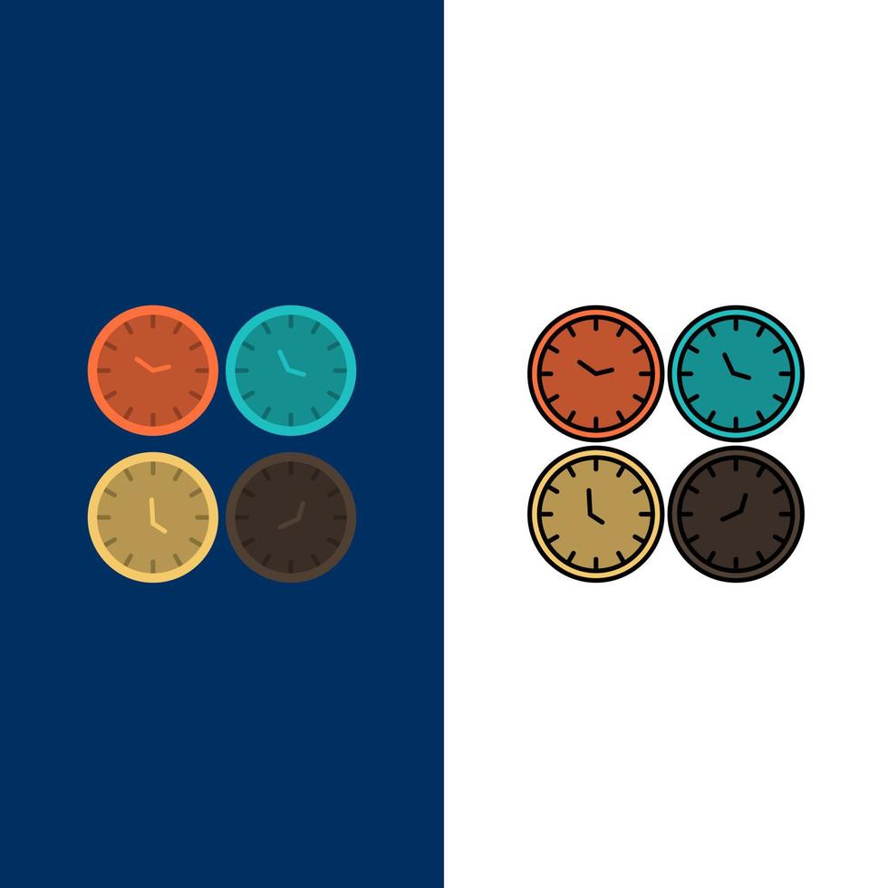 Uhr Geschäft Uhren Bürouhren Zeitzone Wanduhren Weltzeit Symbole flach und Linie gefüllt Symbolsatz Vektor blauen Hintergrund