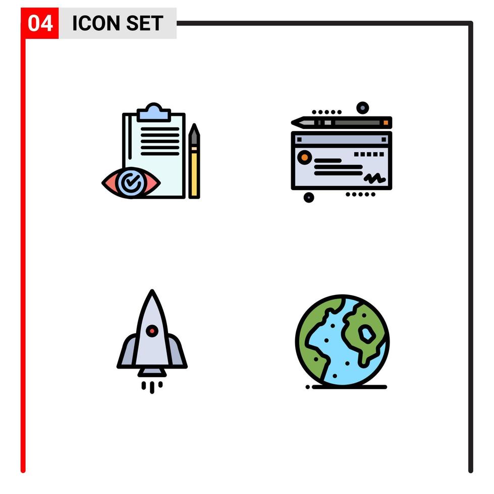 Stock Vector Icon Pack mit 4 Zeilenzeichen und Symbolen für die Qualitätskontrolle Raumschiffkontrolle Cheaque Startup editierbare Vektordesign-Elemente