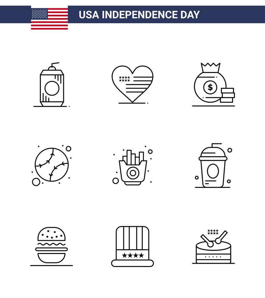 9 Zeilenzeichen für usa-Unabhängigkeitstag-Lebensmittel vereinigte Dollarstaaten amerikanische editierbare usa-Tag-Vektor-Designelemente vektor