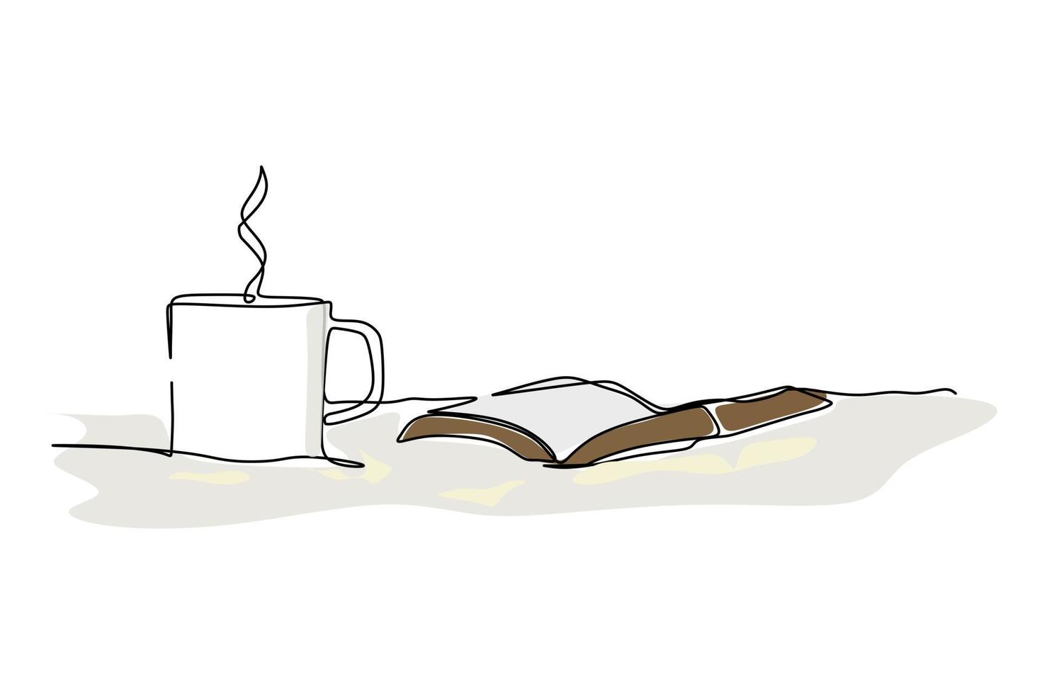 Rauch kommt aus einer heißen Tasse Kaffee und einem Buch auf dem weichen Bett. ein handgezeichneter designtyp mit durchgehender linie für das hygge-konzept vektor