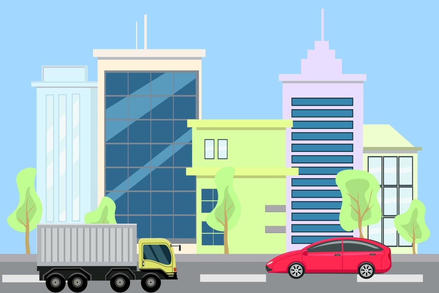 stad byggnader stad gata med transport begrepp. vektor illustration i platt stil