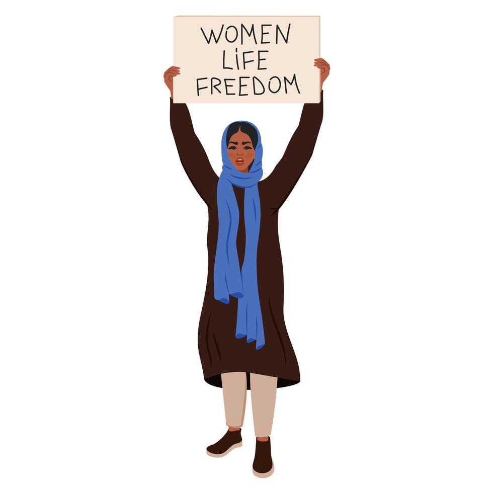 iranerin protestiert. arabische frau in hijab und nationaltracht, die plakat mit text hält. Frauenrechte. konzept der einheit, freiheit, diskriminierung. islamische weibliche figur isoliert. Vektor