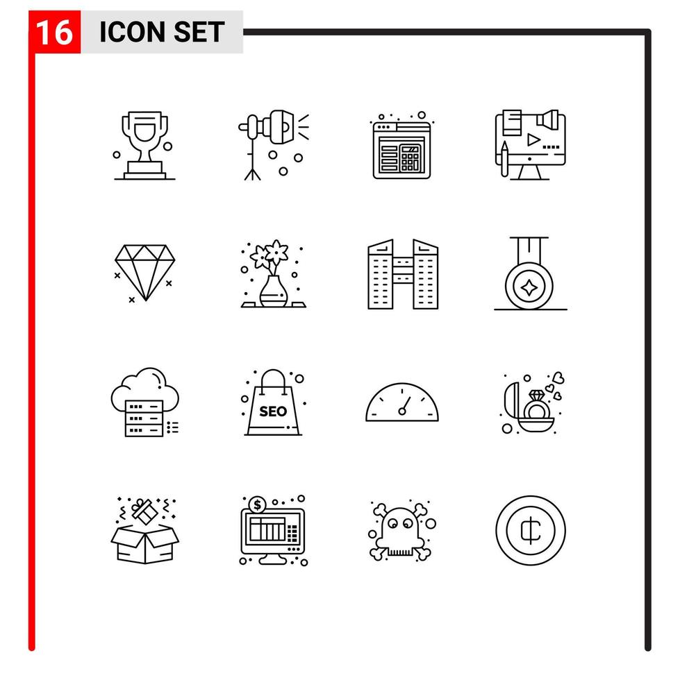 Stock Vector Icon Pack mit 16 Linienzeichen und Symbolen für Diamond Digital Studio Light Copyright Business editierbare Vektordesign-Elemente