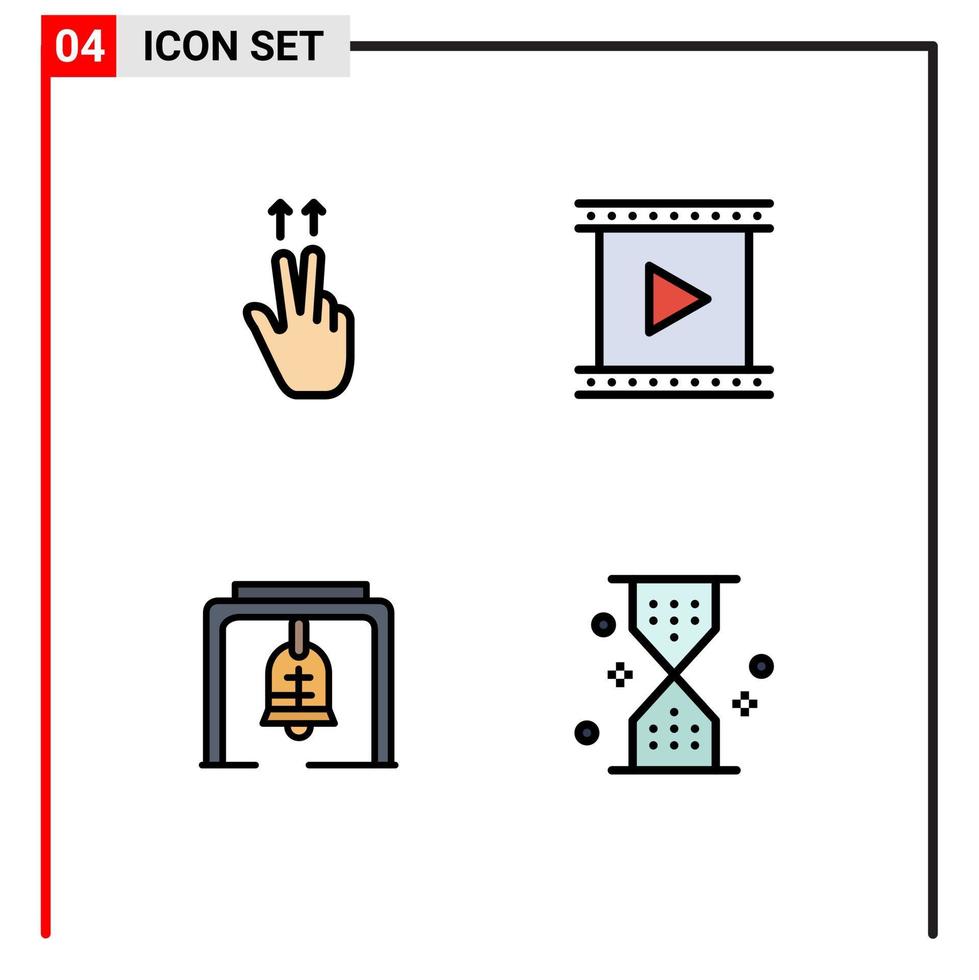 Packung mit 4 modernen Filledline-Flachfarben Zeichen und Symbolen für Web-Printmedien wie Fingerglocke Kamera Film Kirchenglocke editierbare Vektordesign-Elemente vektor