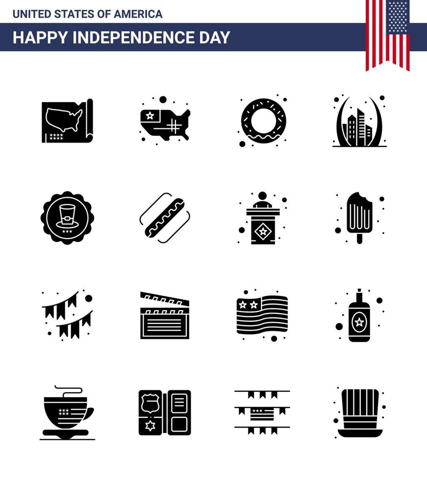 glücklicher unabhängigkeitstag 4. juli satz von 16 soliden glyphen amerikanisches piktogramm der amerikanischen usa gebäudeschild glas editierbare usa tag vektordesignelemente vektor