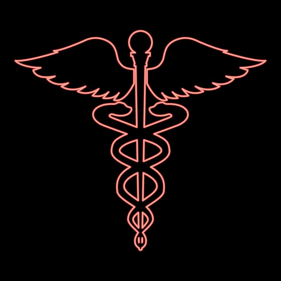 Neon Caduceus Gesundheit Symbol Asclepius's Zauberstab rote Farbe Vektor Illustration Bild flachen Stil