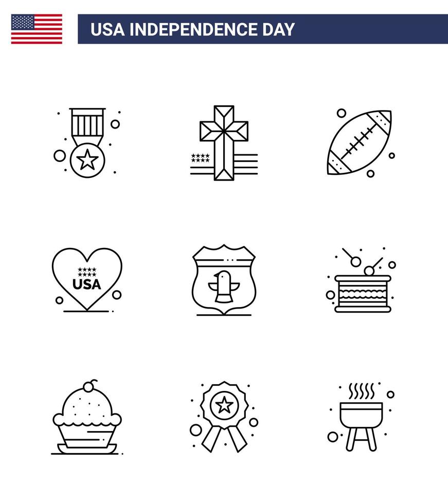 9 kreative usa-ikonen moderne unabhängigkeitszeichen und 4. juli symbole des amerikanischen schildes footbal usa-liebe editierbare usa-tag-vektordesignelemente vektor