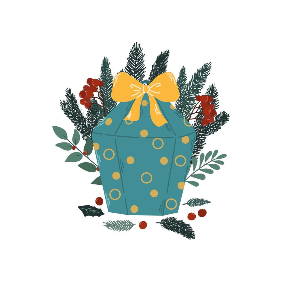 jul gåva i de form av en blå låda med en gul rosett, gran grenar och med rönn bär. isolerat Färg platt vektor illustration. för hälsning kort, affisch, skriva ut