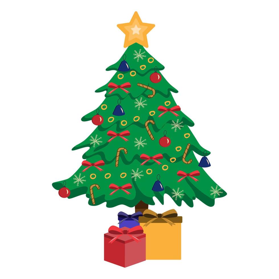 jul träd med leksaker och bågar på en vit bakgrund. vektor tecknad serie illustration
