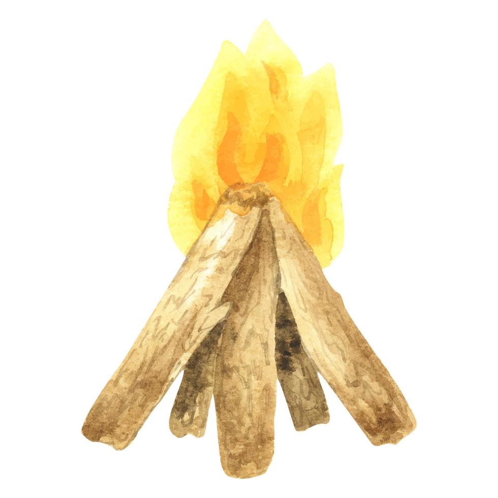 Aquarellillustration eines brennenden Feuers mit Brennholz. Feuerflamme, Lagerfeuer, Lagerfeuerruhe vektor
