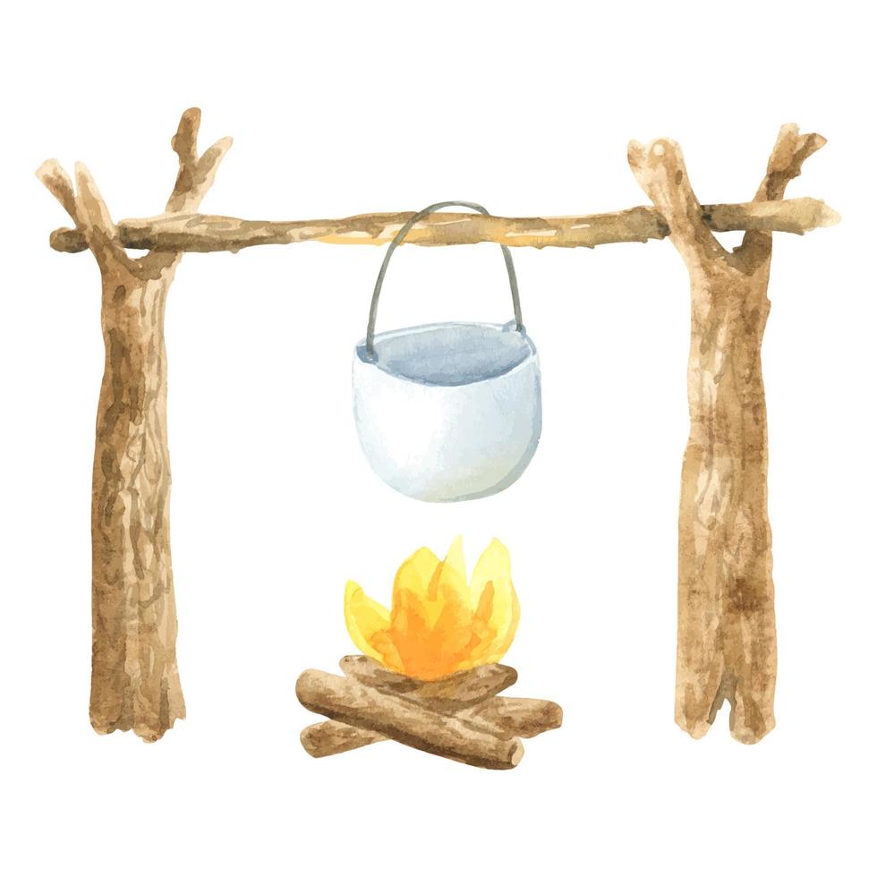 en vattenfärg läger pott med soppa hängande på en trä- log.a ritad för hand resa matlagning mat på en lägereld. illustration av camping mat i en kittel för design.outline de sätt av liv i de skog. vektor