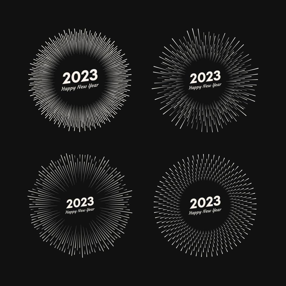 satz von vier feuerwerken mit aufschrift 2023 und frohes neues jahr. Explosion mit Linienstrahlen Weihnachtskarte auf schwarzem Hintergrund isoliert. Vektor-Illustration vektor