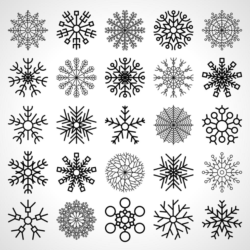 Satz von fünfundzwanzig Schneeflocken. weihnachts- und neujahrsdekorationselemente. Vektor-Illustration. vektor