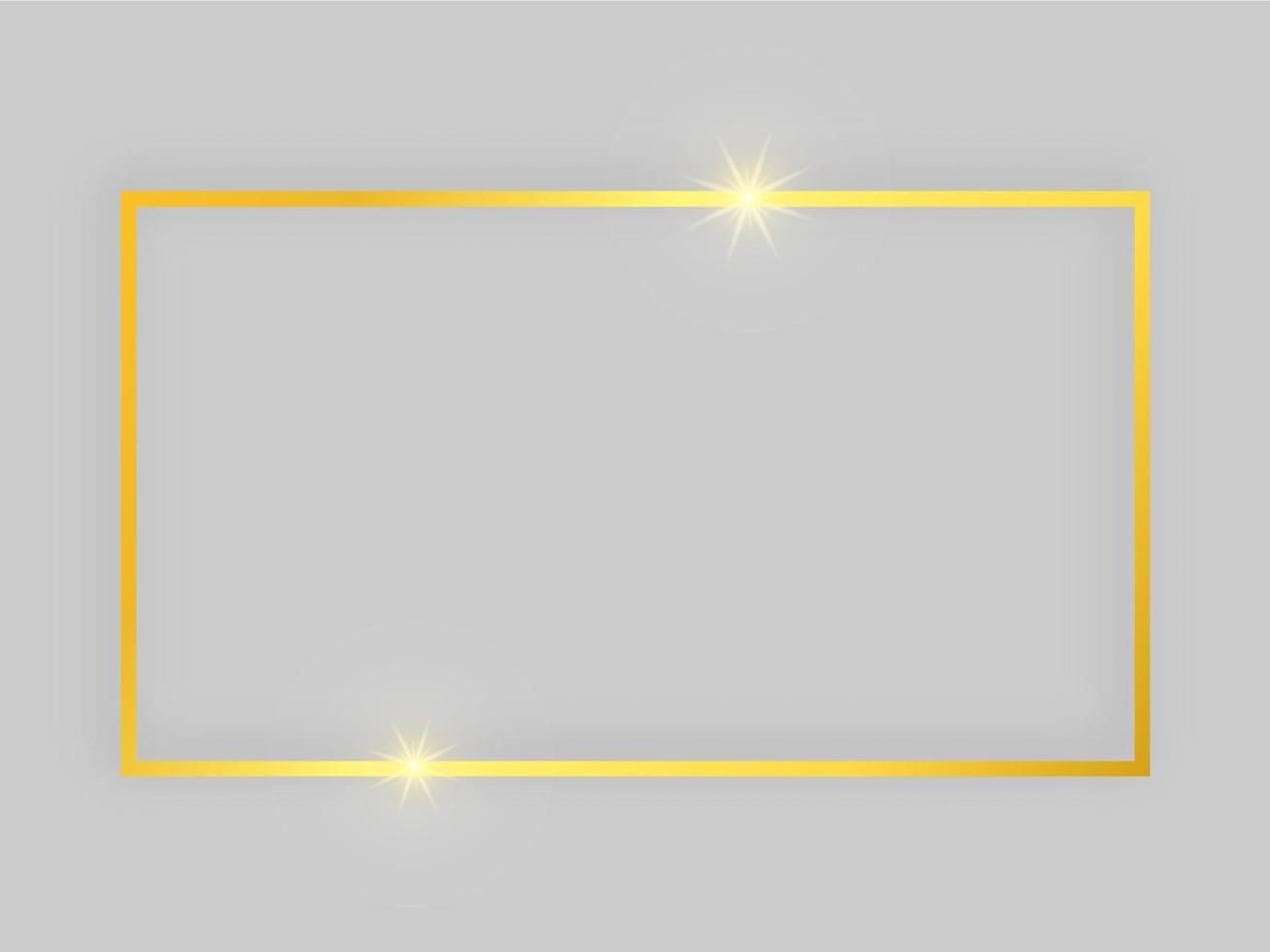 skinande ram med lysande effekter. guld rektangulär ram med skugga på grå bakgrund. vektor illustration