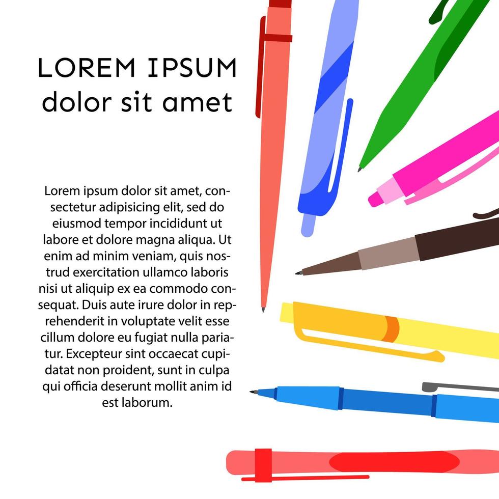 bakgrund med pennor och pennor och plats för din text. vektor illustration.