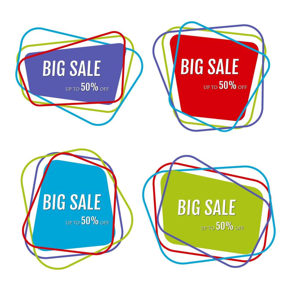 uppsättning av fyra stor försäljning klistermärken med abstrakt färgrik kaotisk rader runt om. vektor illustration