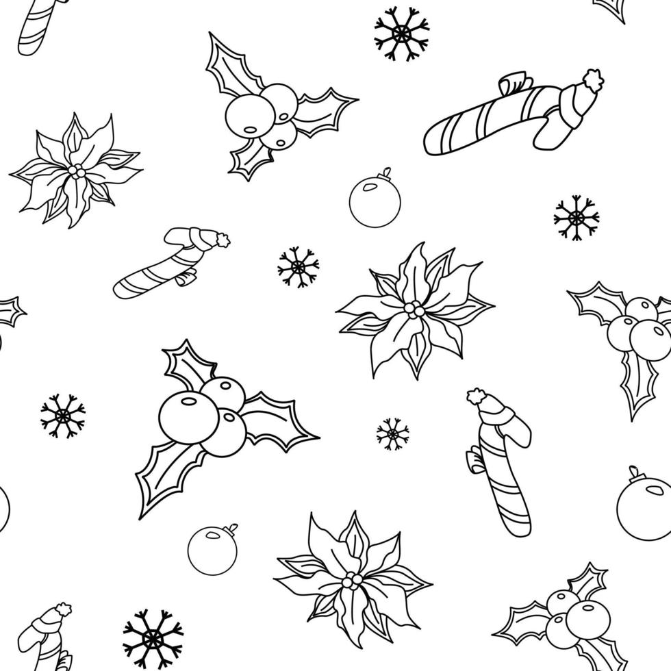 Vektor handgezeichnetes nahtloses Muster. weihnachten, wintergekritzelelemente. isoliert auf weißem Hintergrund. Bäume, Kränze, Geschenke, Süßigkeiten, Lebkuchen. für hintergrund, druck, textilien, stoffe, geschenktüten