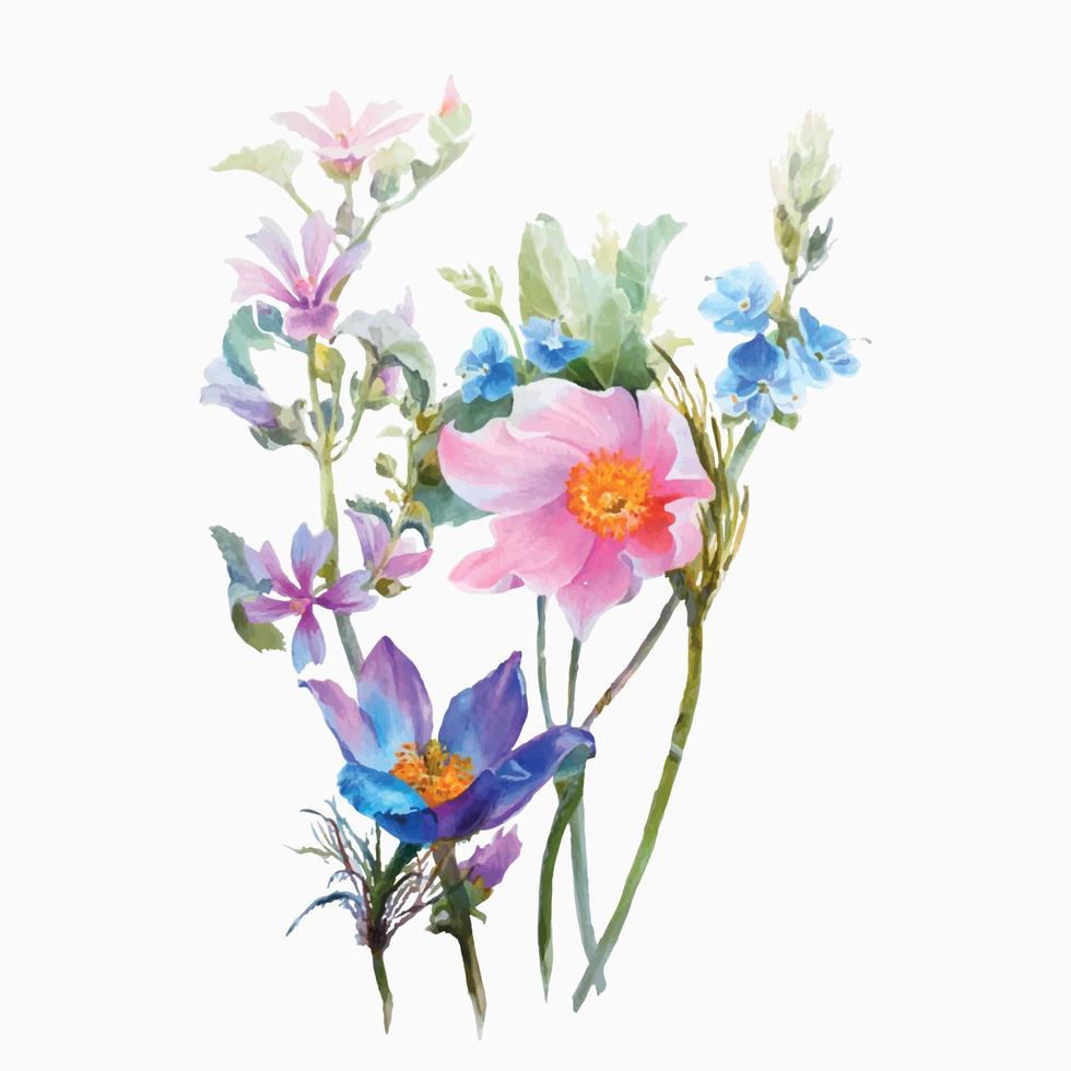 Vintage Aquarellfrühlingskarte mit blauen Wildblumen, blühenden Schneeglöckchen, Küchenschelle, Blättern, Kräutern. vektor