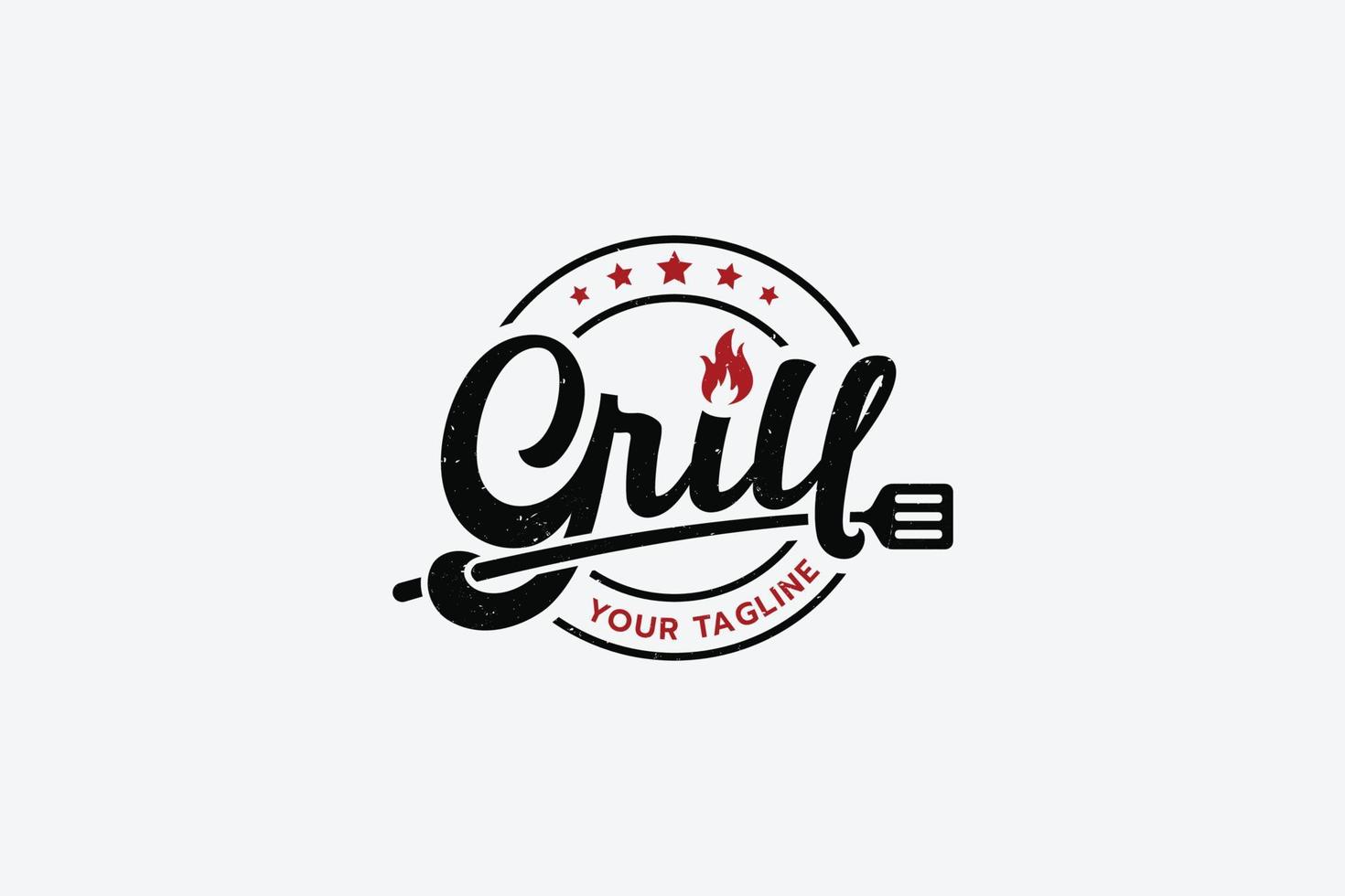 en enkel grill logotyp med en kombination av frisör grill text, spatel, brand och stjärnor, vektor