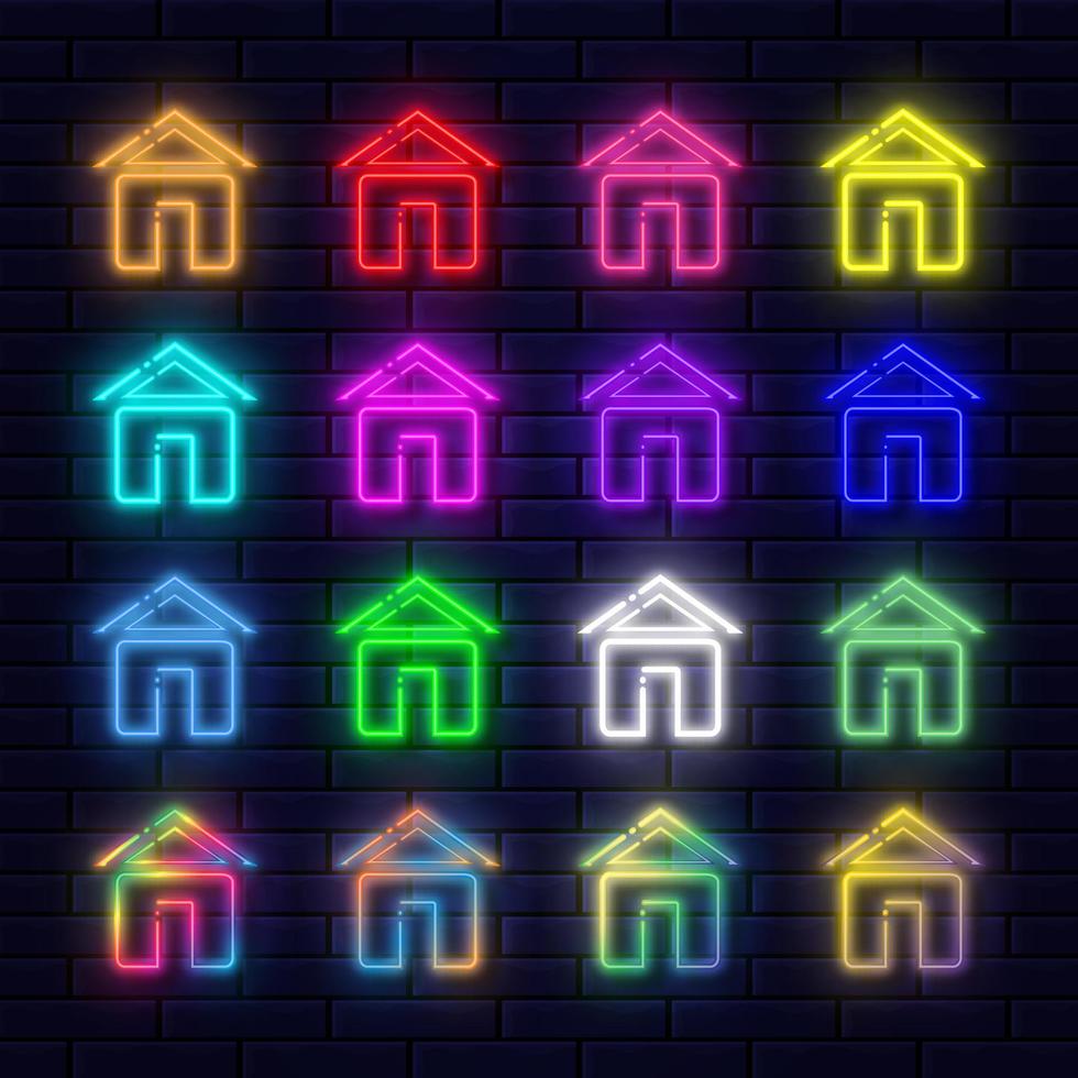 Haus-Icon-Set. leuchtender Neonlinienvektor. Sammlung verschiedener Farben. vektor