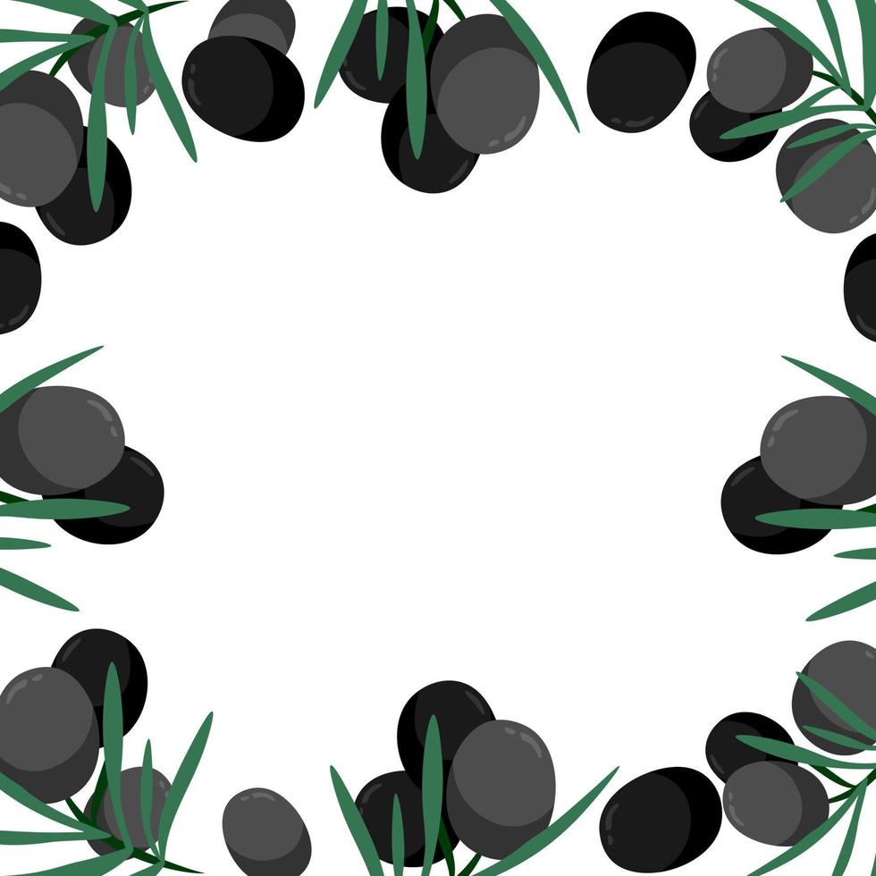 svart oliver frukt och grenar tecknad serie illustration isolerat på vit bakgrund. vektor färgrik färsk organisk friska mat begrepp. logotyp branding baner design. gräns ram.