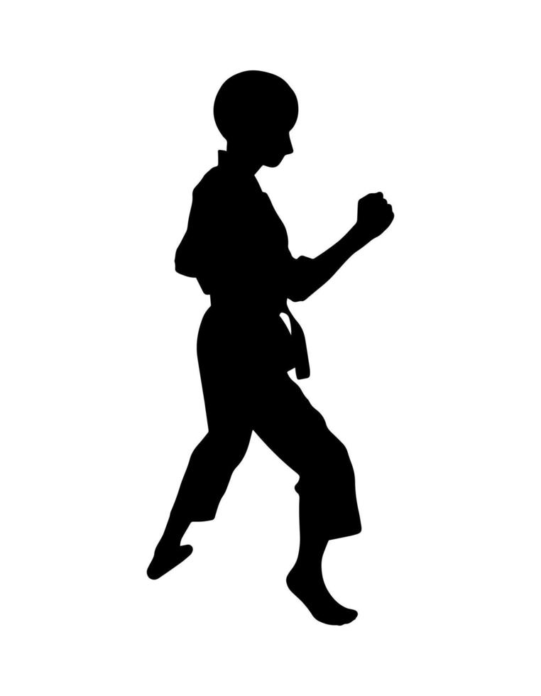 Karate-Übungskonzept. Vektor einfache männliche Silhouette Schattenform, flaches schwarzes Symbol isoliert auf weißem Hintergrund. Logo-Design-Element. asiatischer sportlicher Kampfkämpfer..