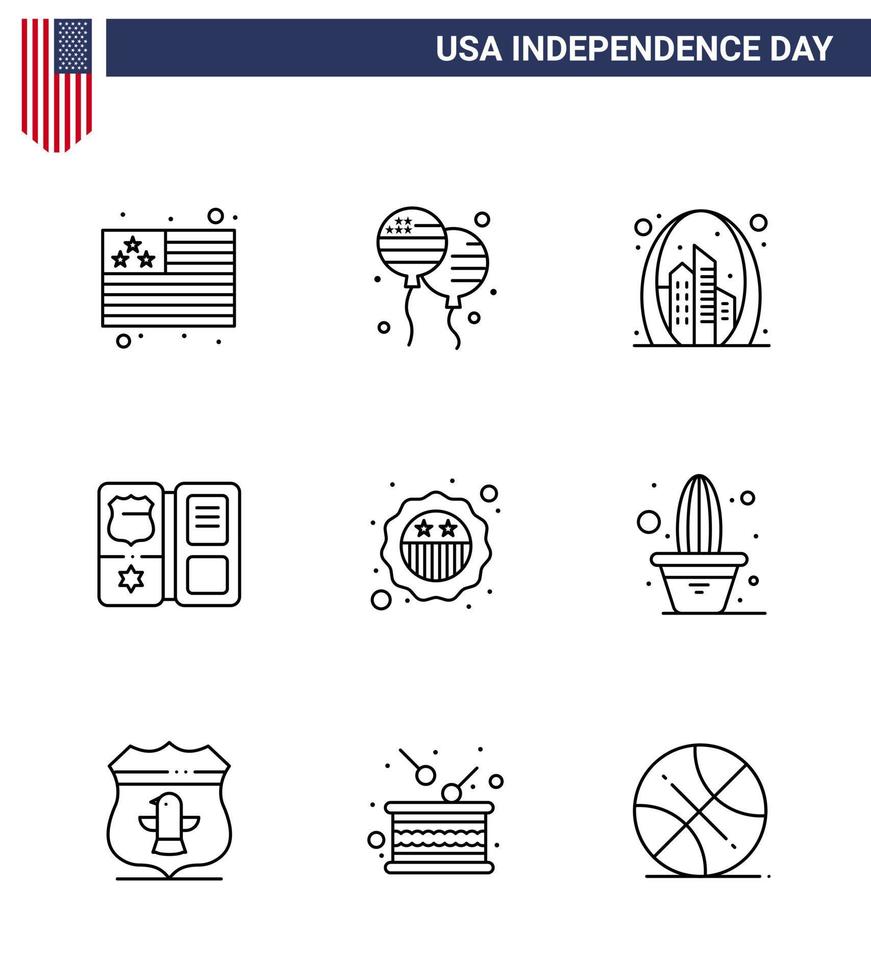 Happy Independence Day 9 Zeilen Icon Pack für Web und Print Security Star Building American Book editierbare Usa Day Vektor Design Elemente