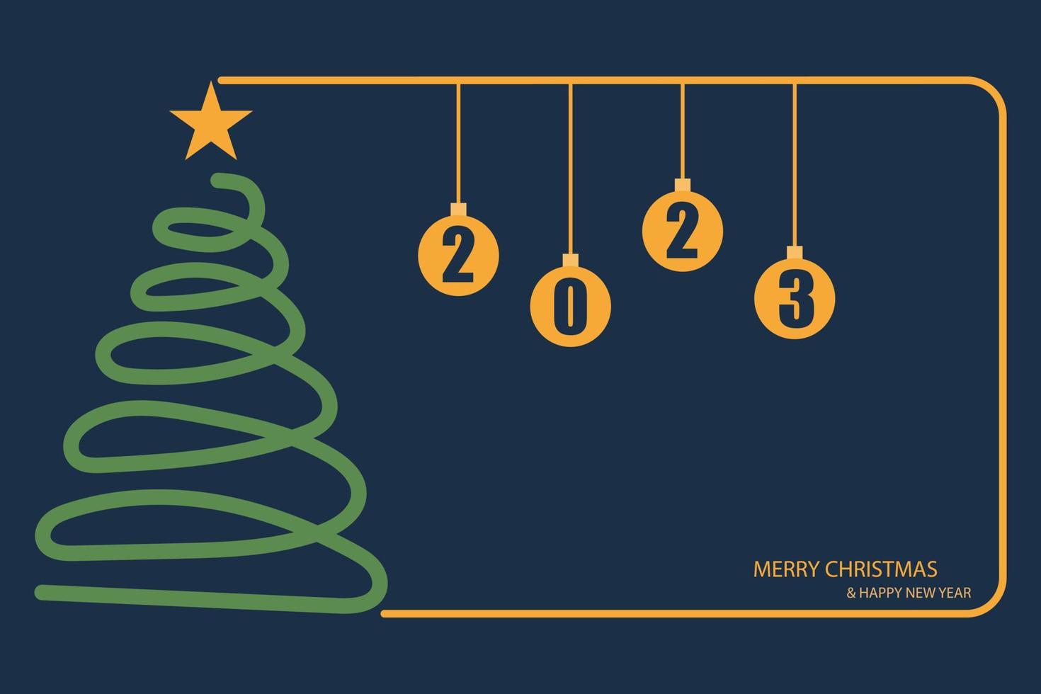 lampor grön skinande jul träd med en gyllene lysande stjärna på topp och en jul boll med 2023 på blå bakgrund. Semester firande. ljus ljus dekoration. vektor