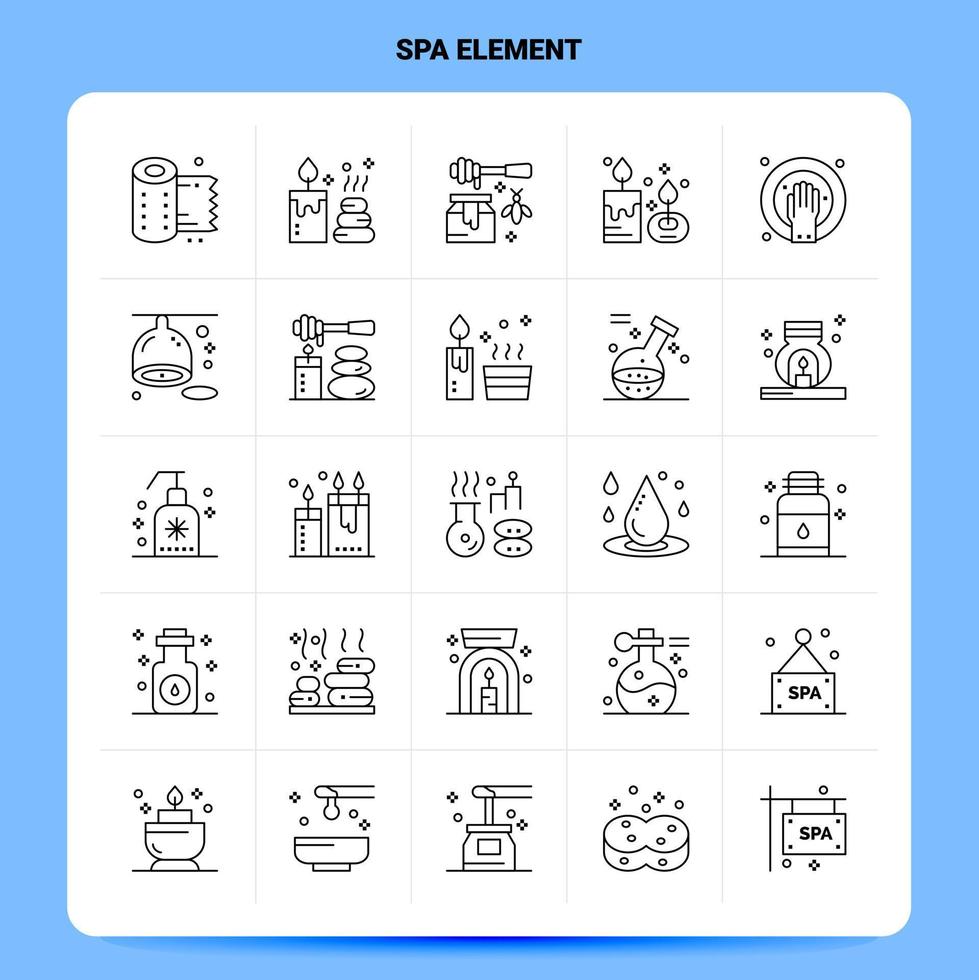 Umriss 25 Spa-Element-Icon-Set. Vektorlinie Design schwarze Symbole gesetzt. lineares Piktogrammpaket. web- und mobile geschäftsideen entwerfen vektorillustration. vektor