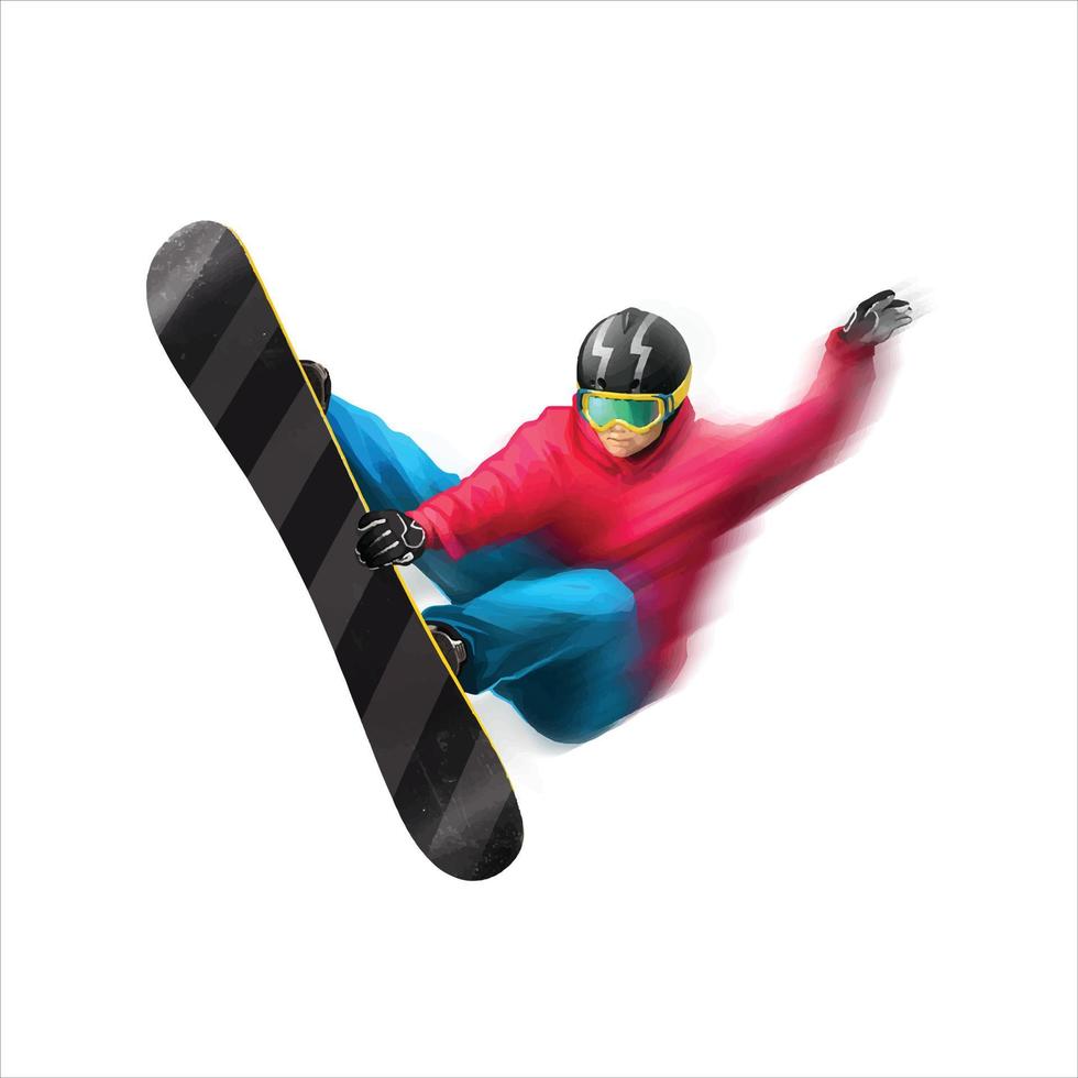 Person, die Snowboard fährt. Snowboarder in Aktionsvektorillustration. Extremer Wintersport. Snowboard-Emblem. Logo des Sportvereins. Snowboardausrüstung. vektor