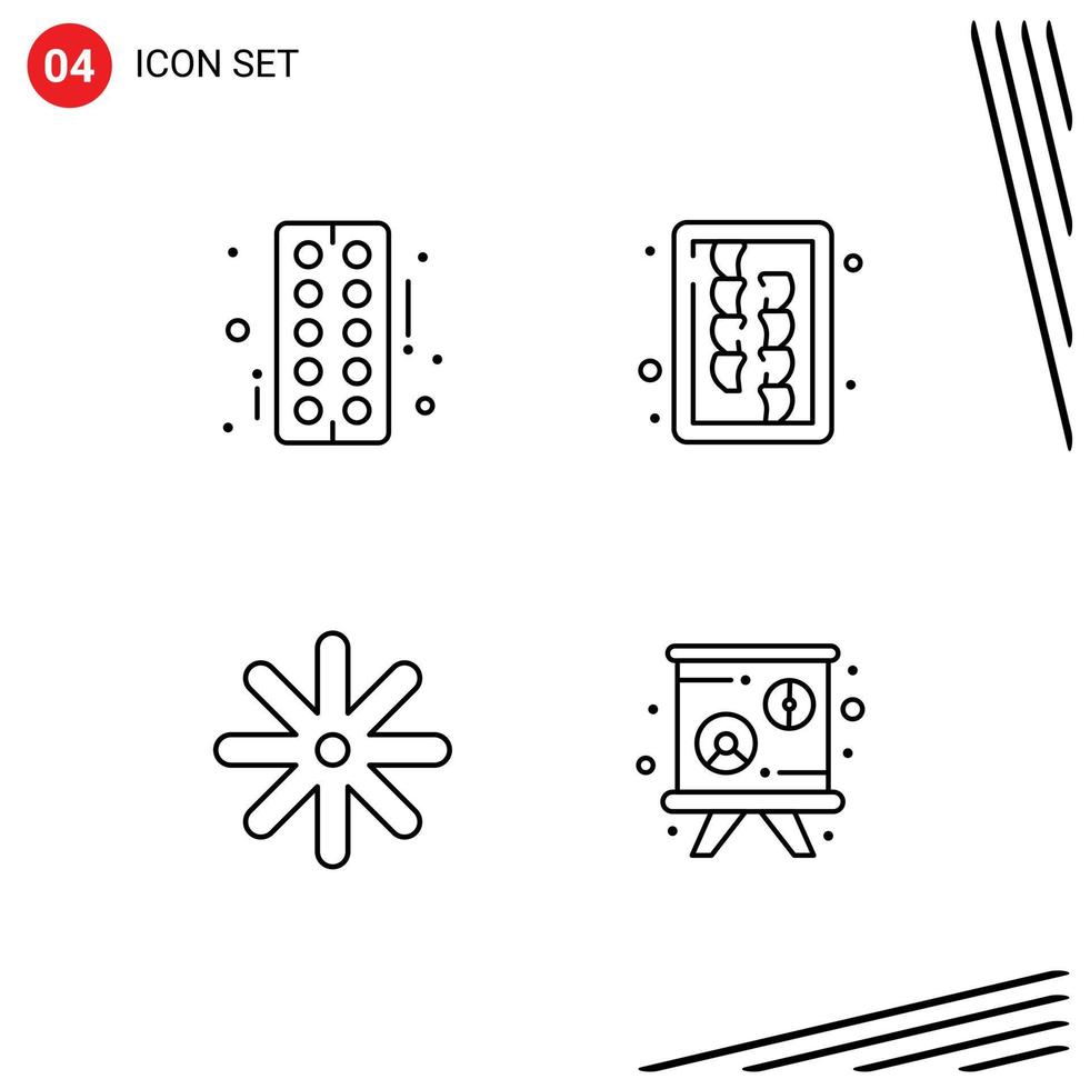 4 Benutzeroberflächen-Linienpaket mit modernen Zeichen und Symbolen der Droge Natur Tablet Küchenutensilien Tafel editierbare Vektordesign-Elemente vektor