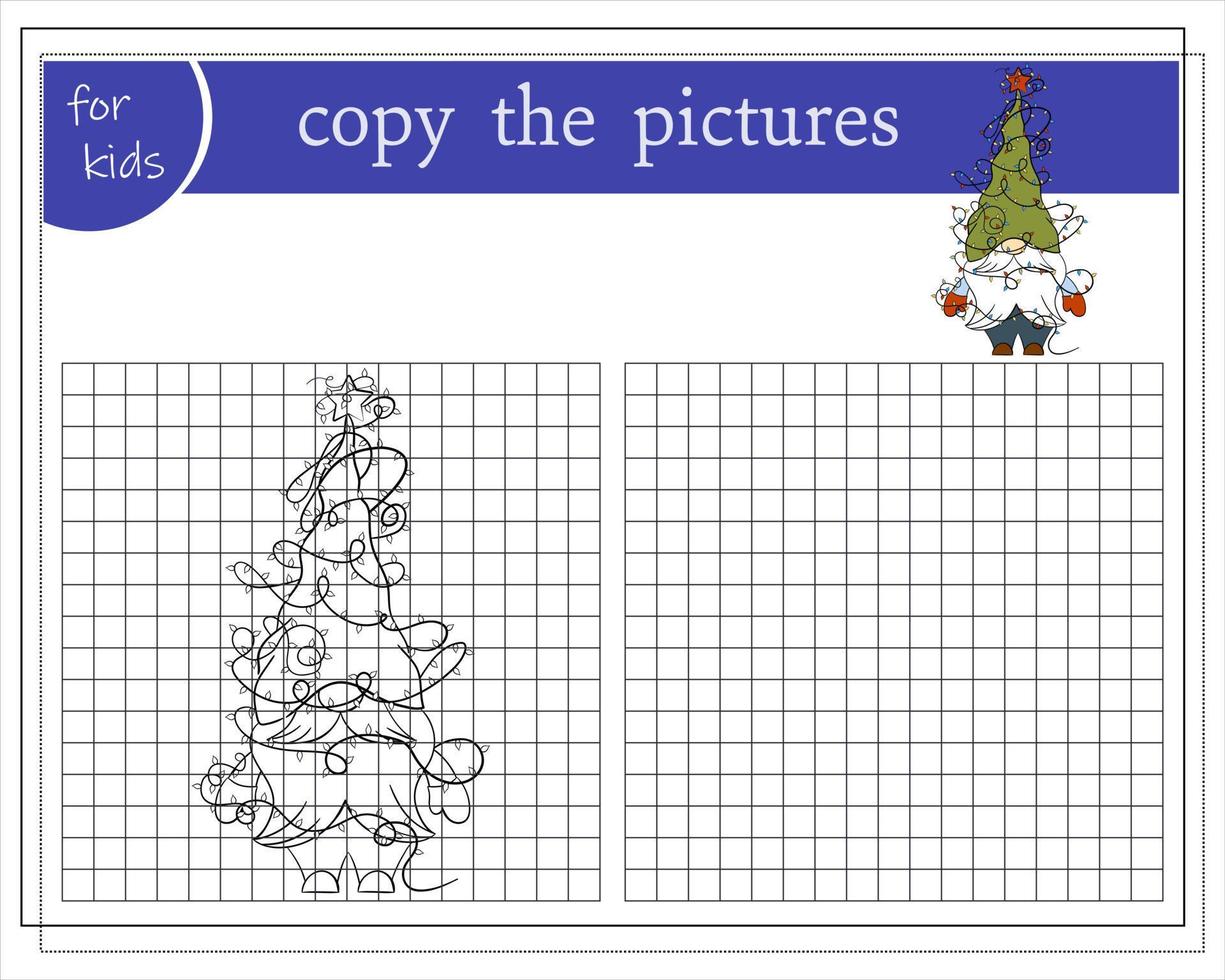 Kopieren Sie das Bild, Lernspiele für Kinder. Cartoon Weihnachtszwerg. vektor