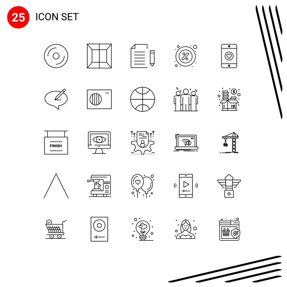Linienpaket mit 25 universellen Symbolen für bearbeitbare Vektordesign-Elemente der Mietprozentdatenteilseite vektor