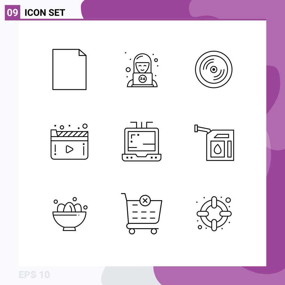 Stock Vector Icon Pack mit 9 Zeilen Zeichen und Symbolen für Auto Laptop DVD Play Film editierbare Vektordesign-Elemente