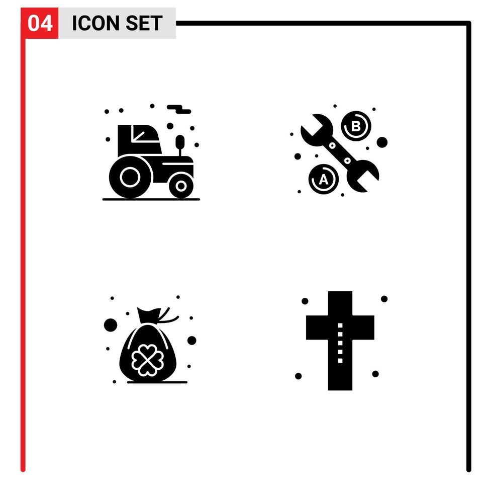 4 universelle solide Glyphenzeichen Symbole der Landwirtschaft Klee Traktorschlüssel Kostüm editierbare Vektordesign-Elemente vektor