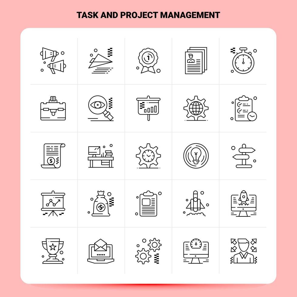 Umriss 25 Aufgaben- und Projektmanagement-Icon-Set Vektor-Linienstil-Design schwarze Symbole setzen lineares Piktogramm-Paket Web- und mobile Geschäftsideen entwerfen Vektor-Illustration vektor