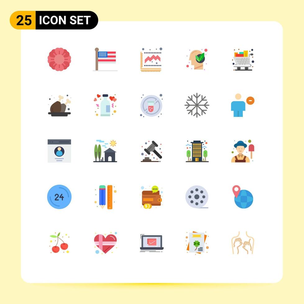 Piktogrammsatz mit 25 einfachen flachen Farben zum Einkaufen voller Grafikwagen grün editierbare Vektordesign-Elemente vektor