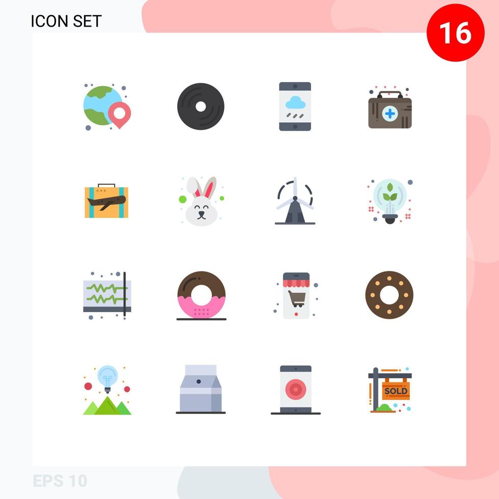 16 flaches Farbkonzept für Websites, Handys und Apps, Reisen, medizinische Hilfe, PC, Gesundheitswesen, Regen, editierbares Paket kreativer Vektordesign-Elemente vektor