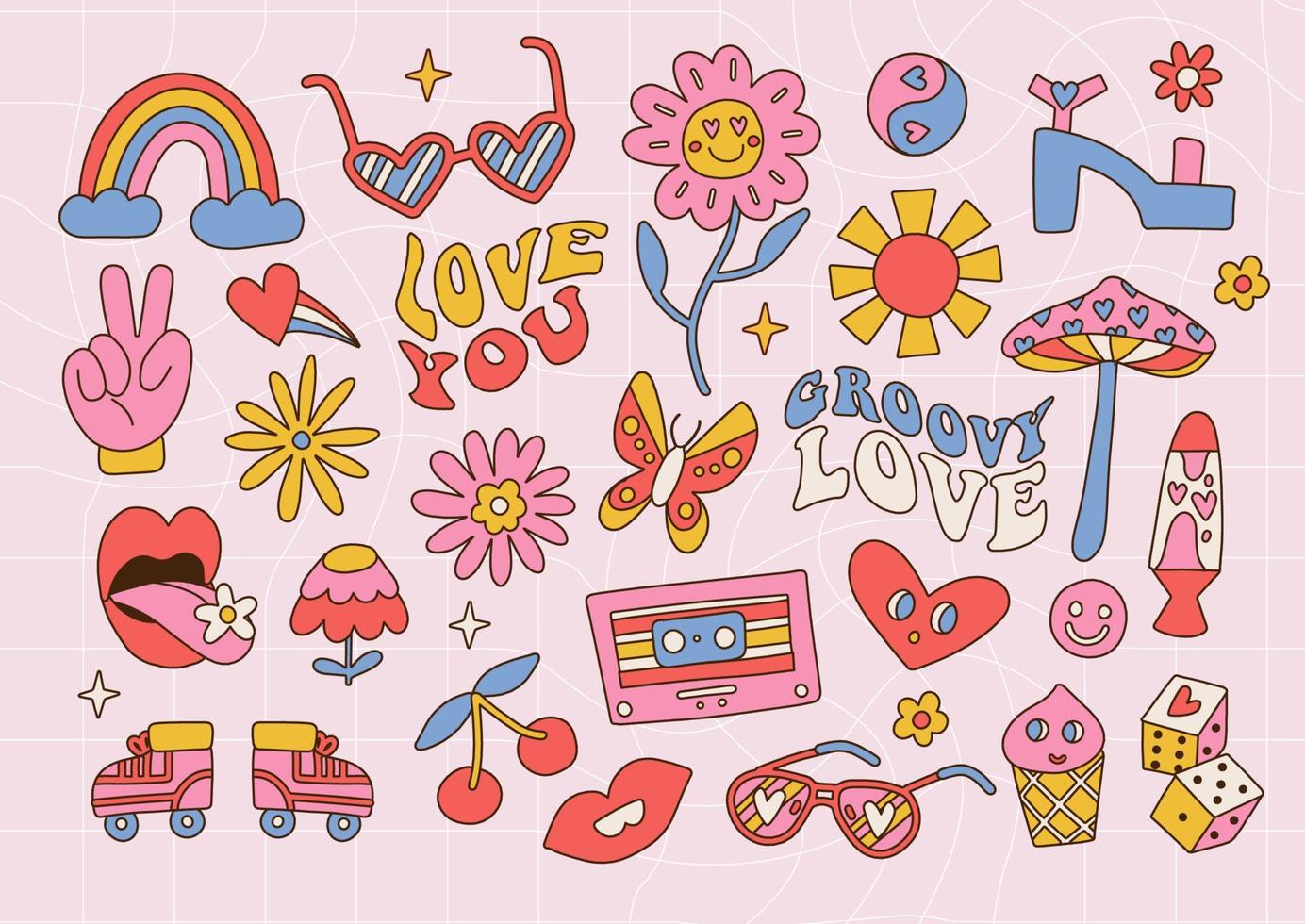 Hippie-Retro-Vintage-Elemente im groovigen 70er-80er-Stil. flache kontur valentinstag symbolsammlung. Vektor schöne handgezeichnete Illustration.