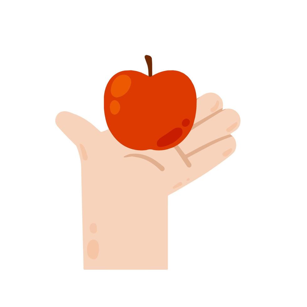 Hand, die einen Apfel hält und gibt. gesundes natürliches essen. rote Frucht. Ernte. moderne trendige flache karikaturillustration lokalisiert auf weiß vektor
