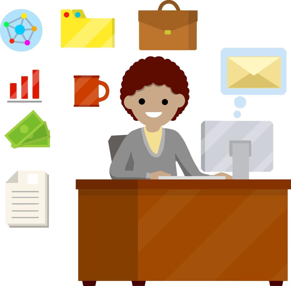 kvinna sitta på skrivbord med dator och skriver meddelande i främre av övervaka. uppsättning av företag ikoner-gula mapp, fall för dokumentera, röd kaffe mugg, kontanter. platt bild. affärskvinna på arbete vektor