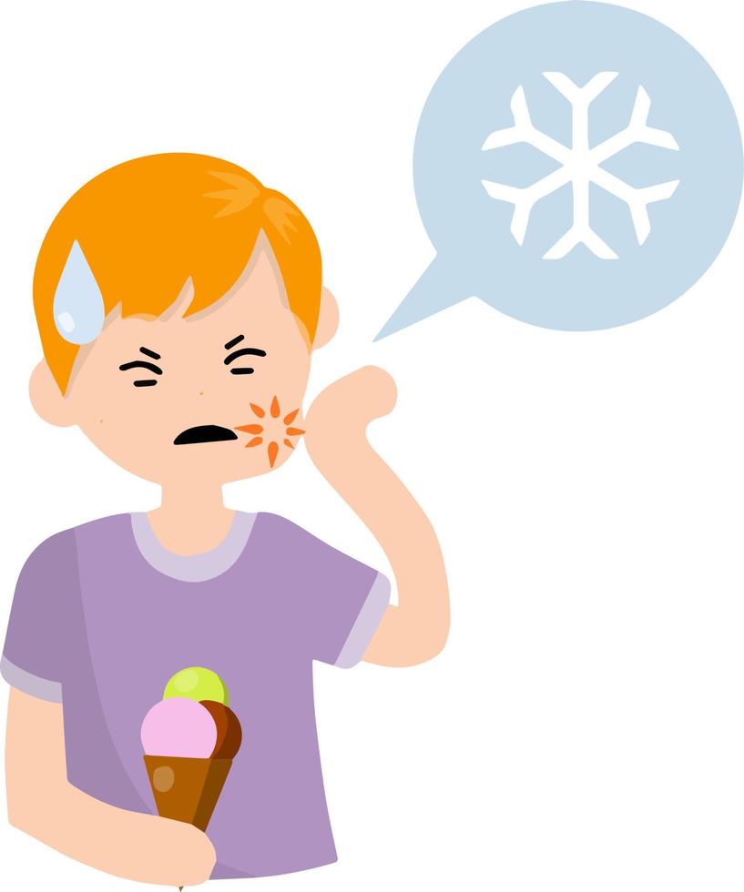 Zahn Empfindlichkeit. Mann und Eis. Schmerzen in der Wange und Kälte. trauriger Junge. flache illustration der karikatur. Schmerzen und Behandlungsbedarf. Blase mit einem Schneeflockensymbol vektor