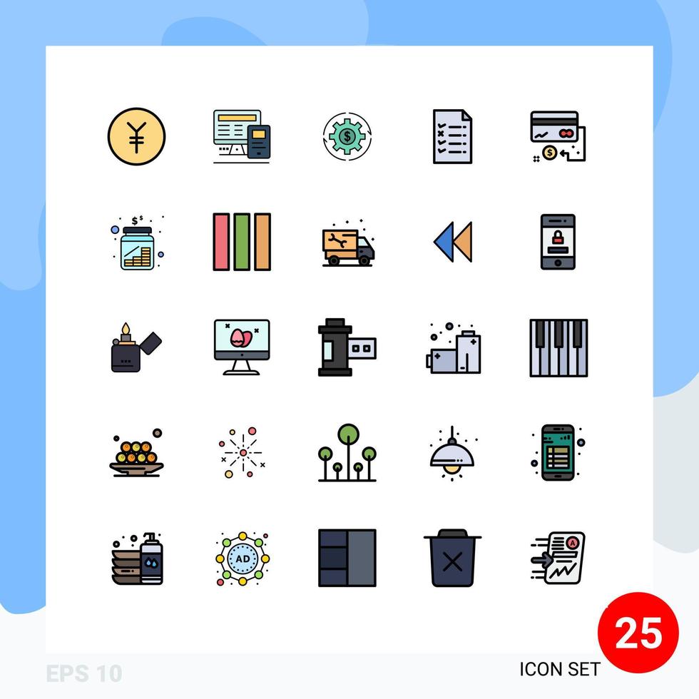 25 fylld linje platt Färg begrepp för webbplatser mobil och appar företag fil huvudstad dokumentera pengar redigerbar vektor design element