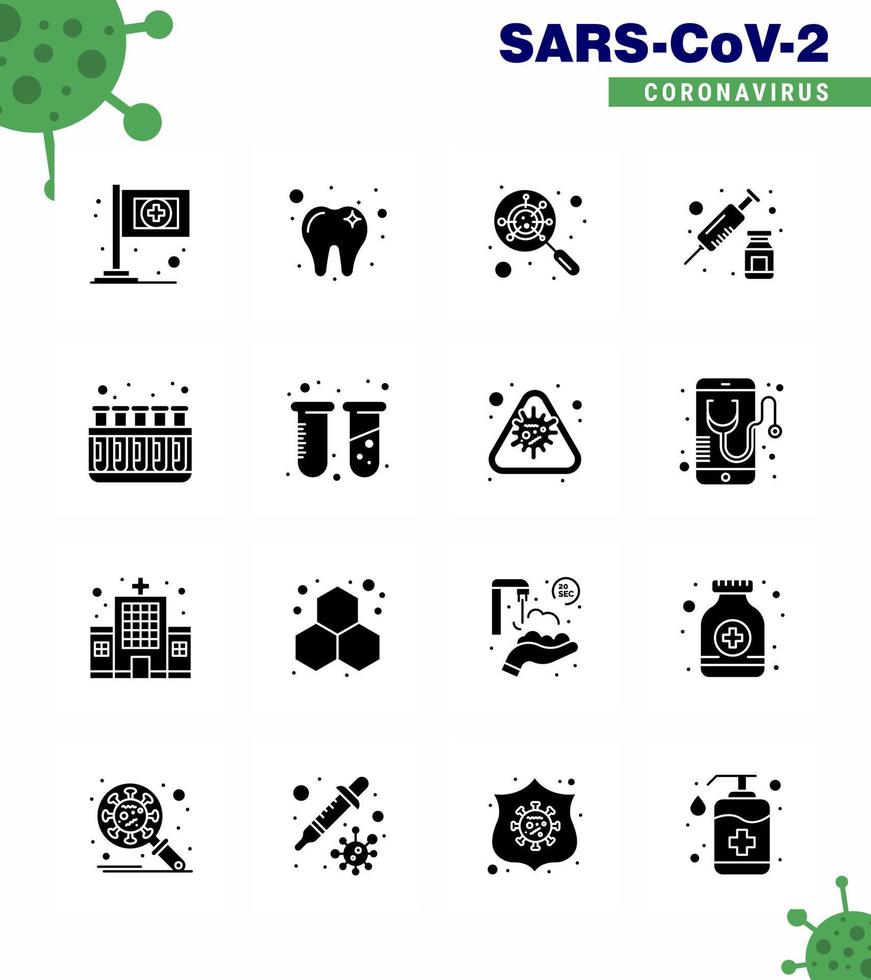 coronavirus medvetenhet ikon 16 fast glyf svart ikoner ikon inkluderad labb testa interfac kemi spruta viral coronavirus 2019 nov sjukdom vektor design element