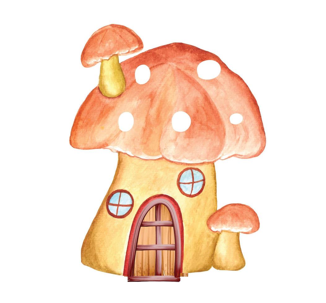 Aquarell magische Gnomenhausillustration, Fantasiefeengartenhaus mit Holztür und grünen Blättern für Karikaturillustration, Karten, Einladungen, T-Shirts vektor