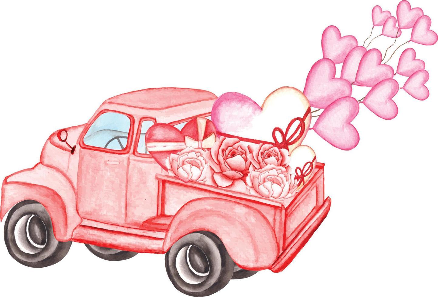 Fröhlicher Valentinstag Aquarell-Vektor-Illustration Aquarell-Auto-Vektor-Cliparts Valentinstag-Auto-Vektor, Valentinstag-LKW-Vektor vektor