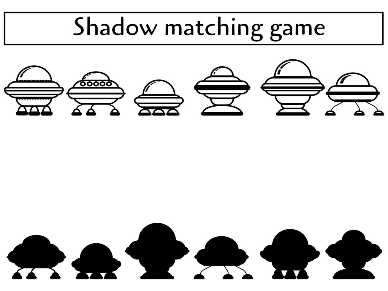UFO-Schattenrechenspiel für Kinder, verbinden Sie die richtige Kontur und den richtigen Schatten, pädagogische Aktivität für Kinder vektor