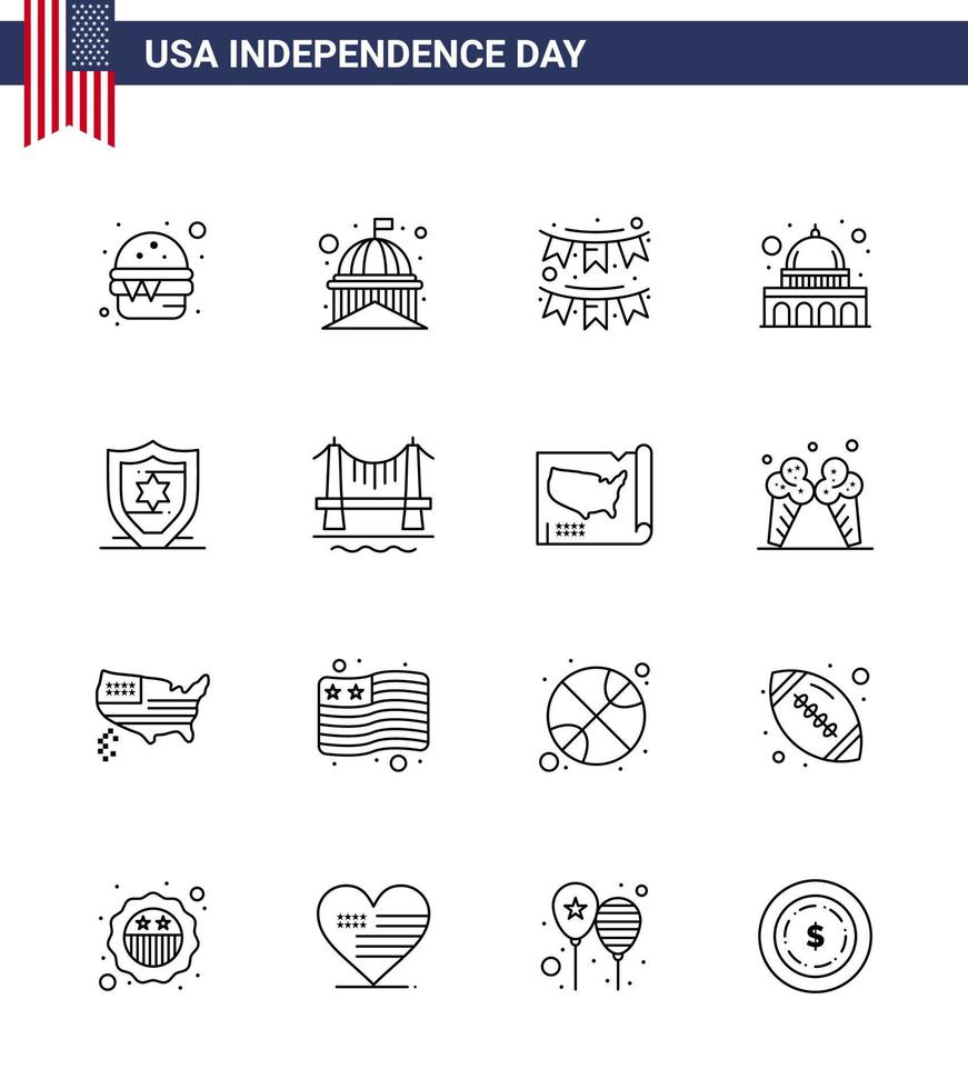 Packung mit 16 Usa-Unabhängigkeitstag-Feierlinien Zeichen und 4. Juli-Symbolen wie Wisconsin Madison White Capitol Party editierbare Usa-Tag-Vektordesign-Elemente vektor