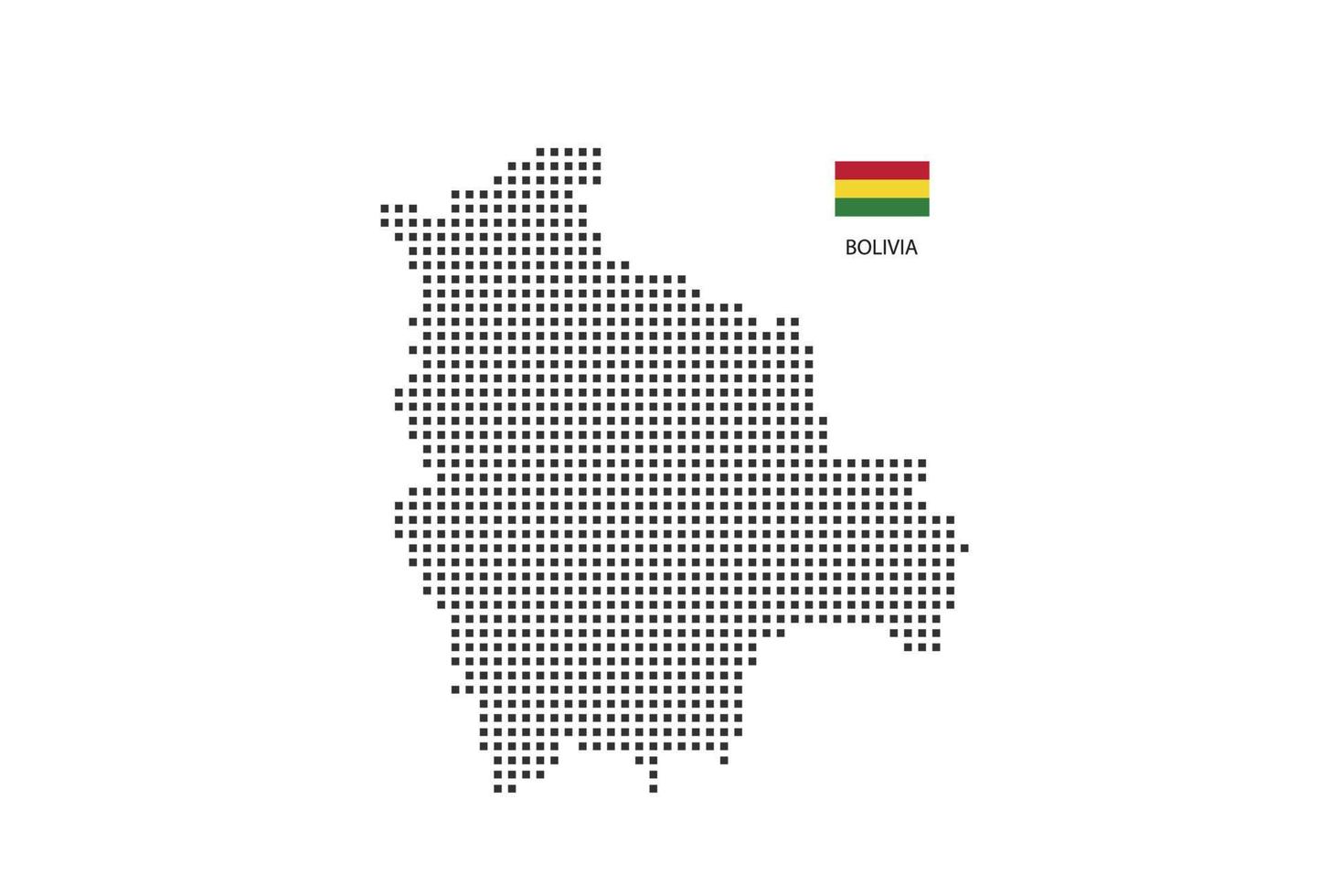 Vektor quadratische Pixel gepunktete Karte von Bolivien isoliert auf weißem Hintergrund mit Bolivien-Flagge.
