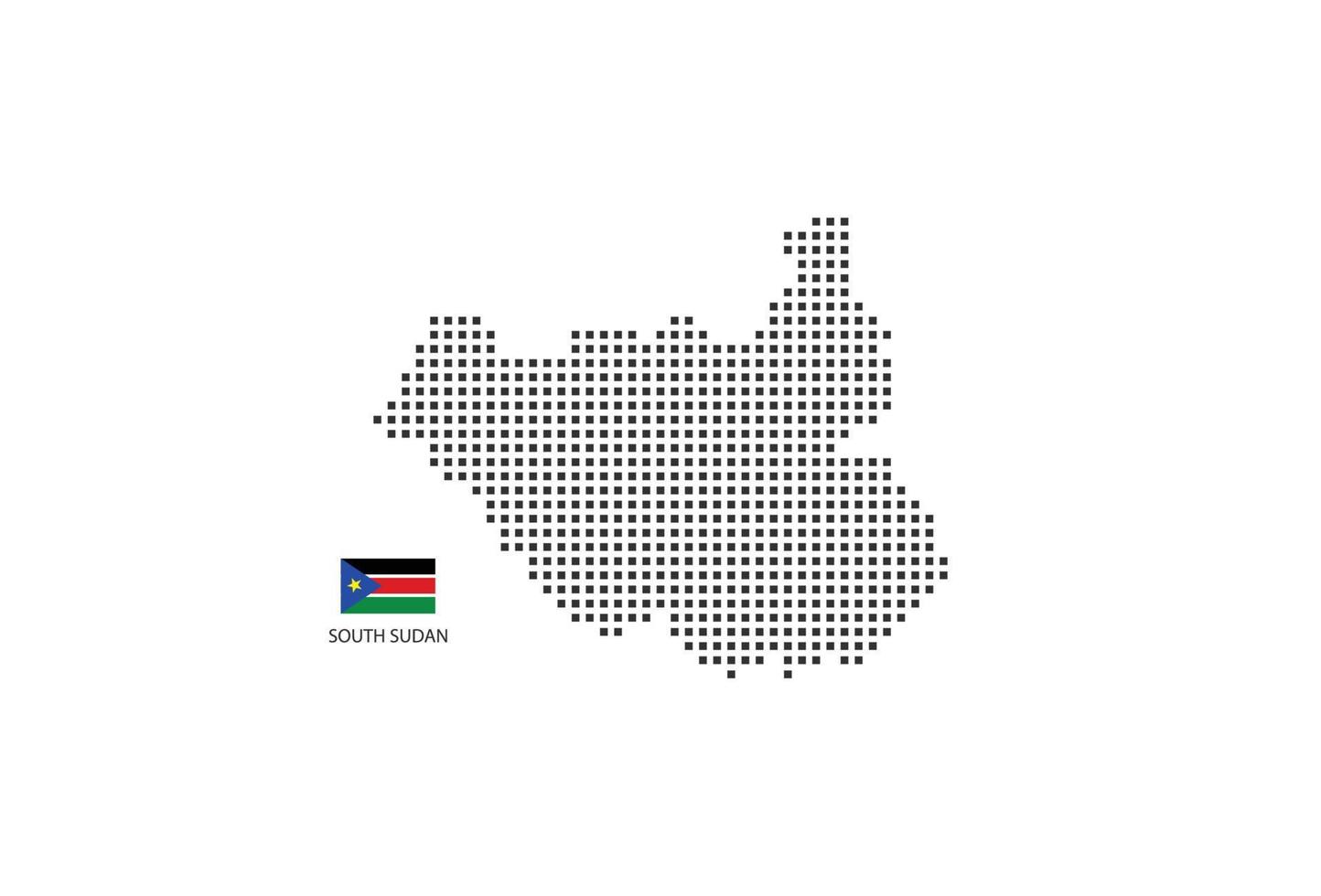 Vektor quadratische Pixel gepunktete Karte von Südsudan isoliert auf weißem Hintergrund mit Südsudan-Flagge.